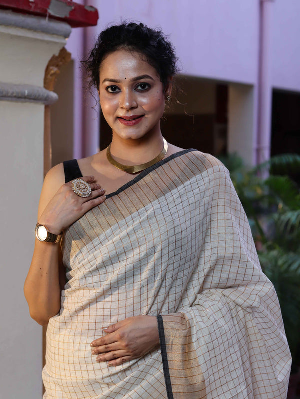 Bhagalpur Handloom Pure Linen Saree With Zari Checks Design-Off White & Black