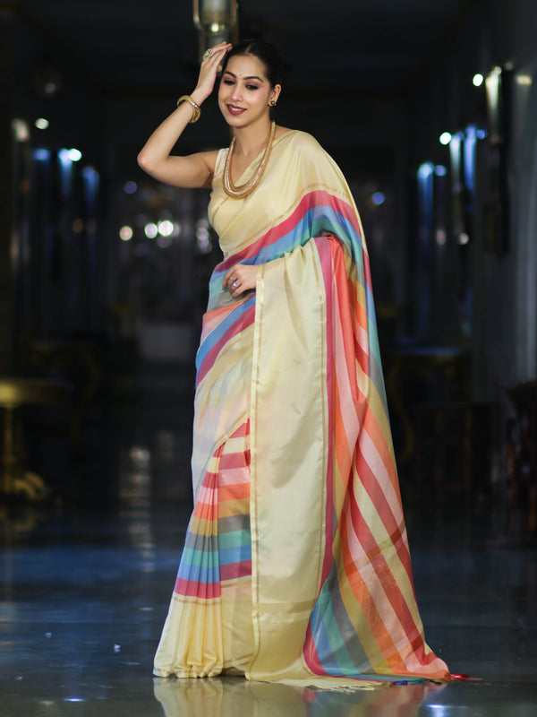 Banarasee Handloom Semi Silk Saree With Stripes Design-Multicolor