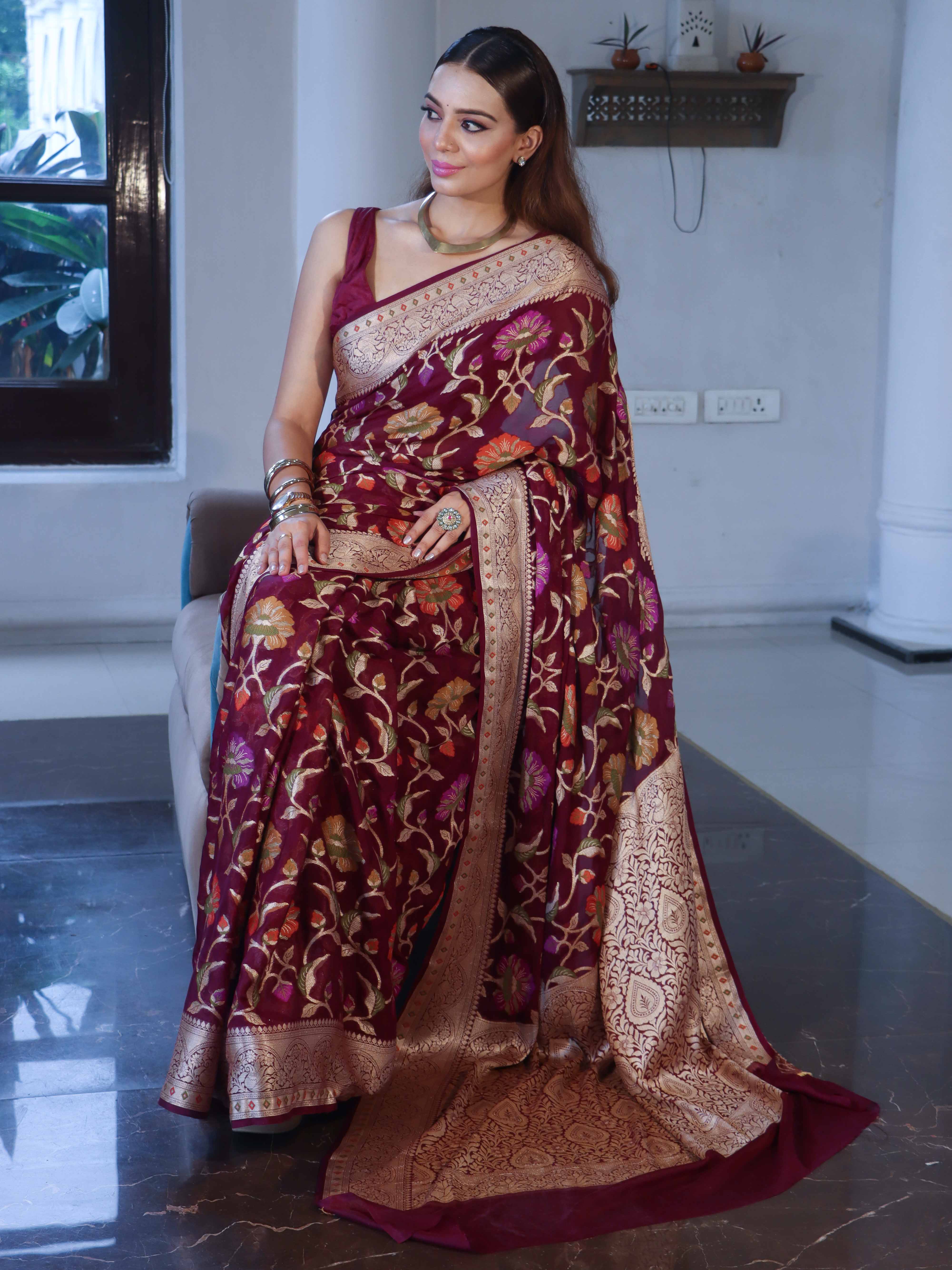 Banarasee Pure Chiffon Saree With Zari Jaal Design & Floral Border-Magenta