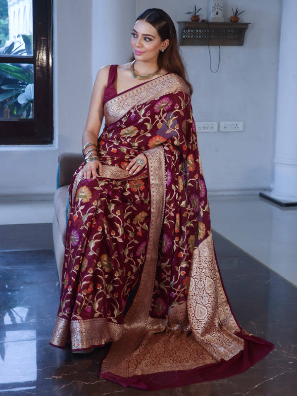 Banarasee Pure Chiffon Saree With Zari Jaal Design & Floral Border-Magenta