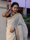 Bhagalpur Handloom Pure Linen Saree With Zari Checks Design-Off White & Black