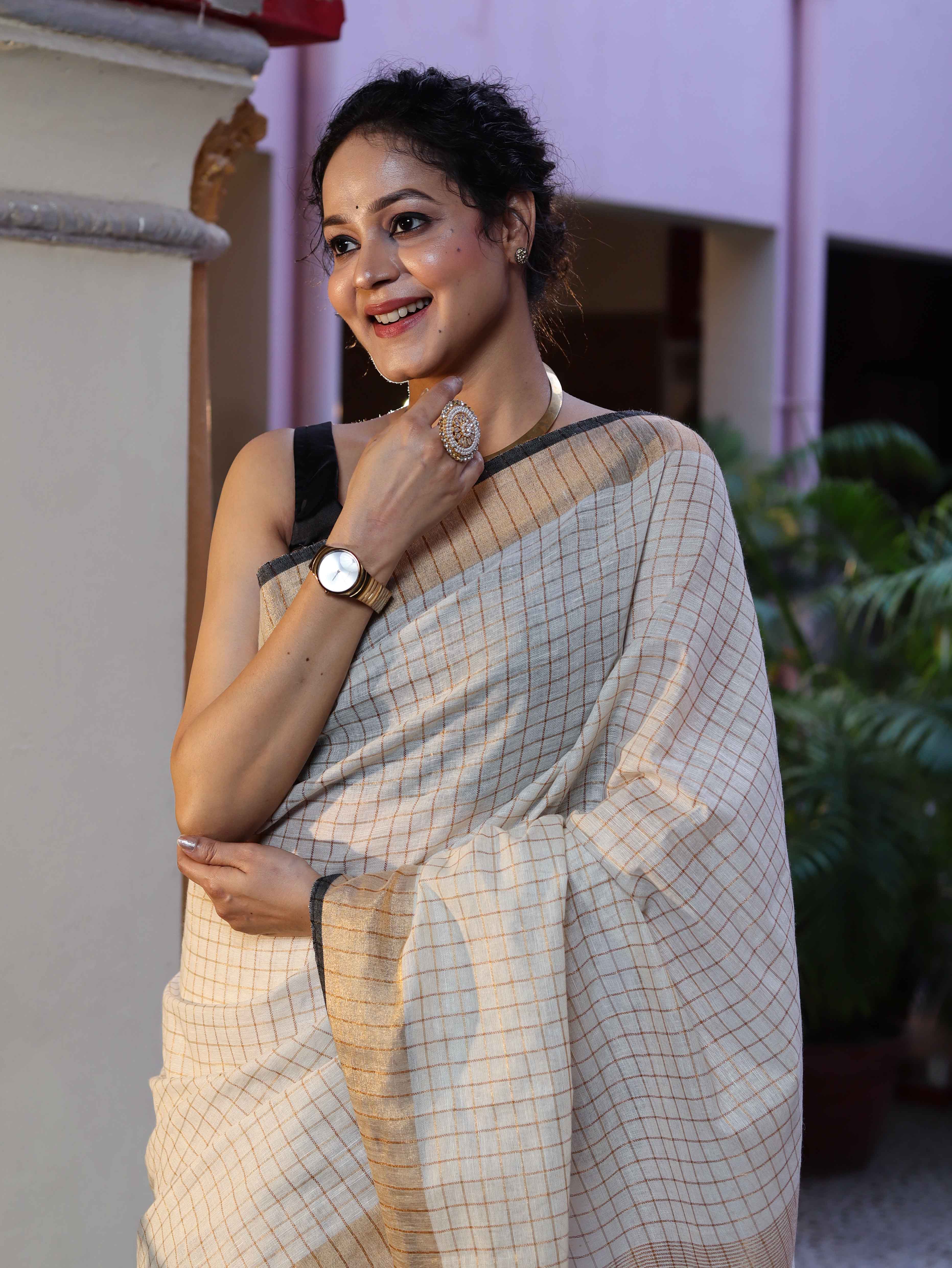 Bhagalpur Handloom Pure Linen Saree With Zari Checks Design-Off White & Black