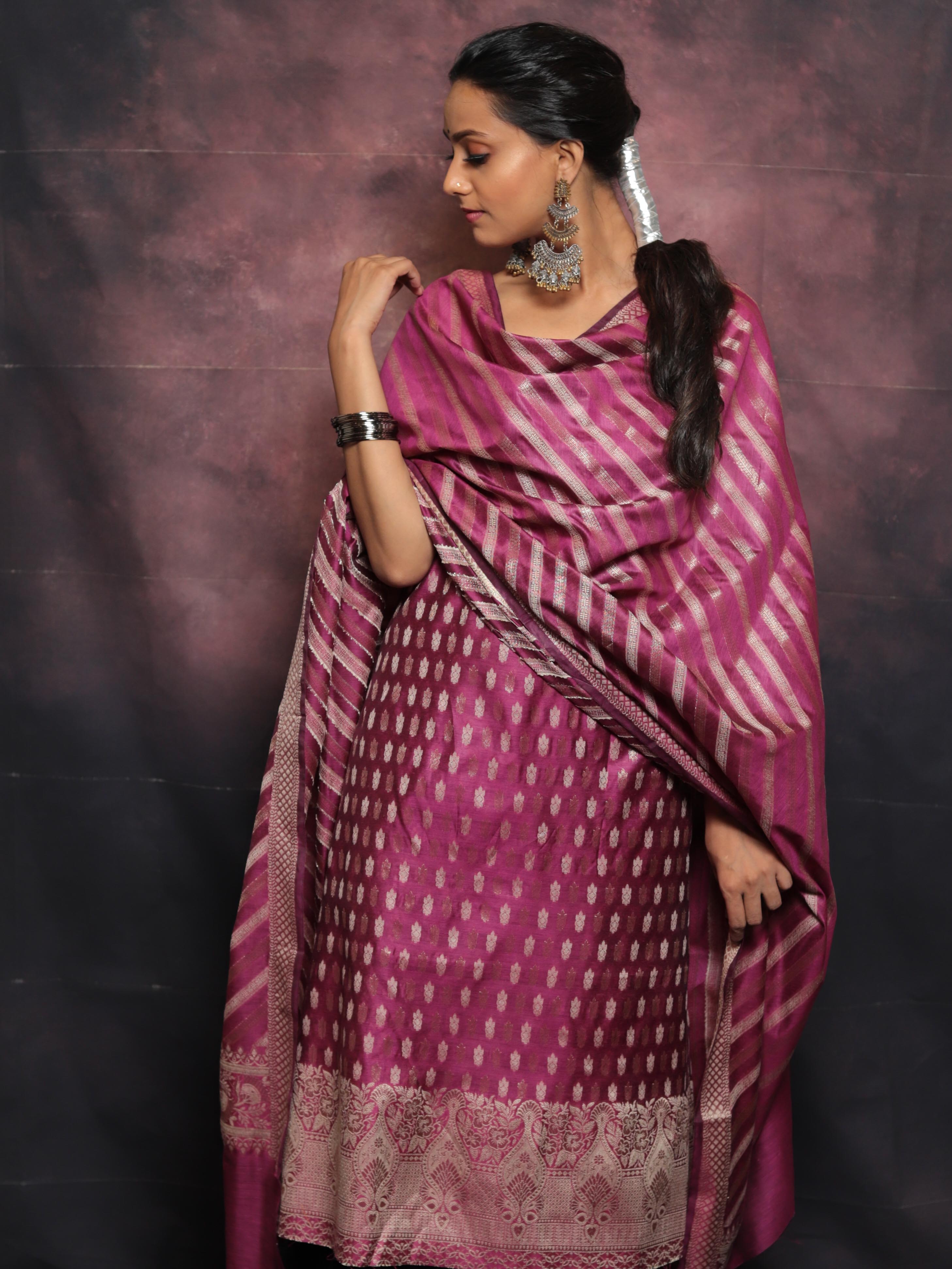 Banarasee Salwar Kameez Cotton Silk Resham & Zari Buti Woven Fabric With Dupatta-Purple