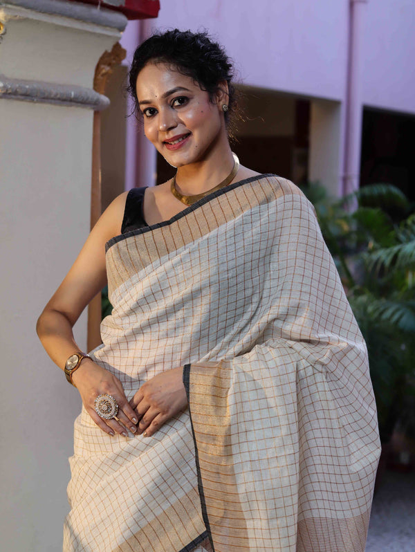 Bhagalpur Handloom Pure Linen Saree With Zari Checks Design-Off White & Black