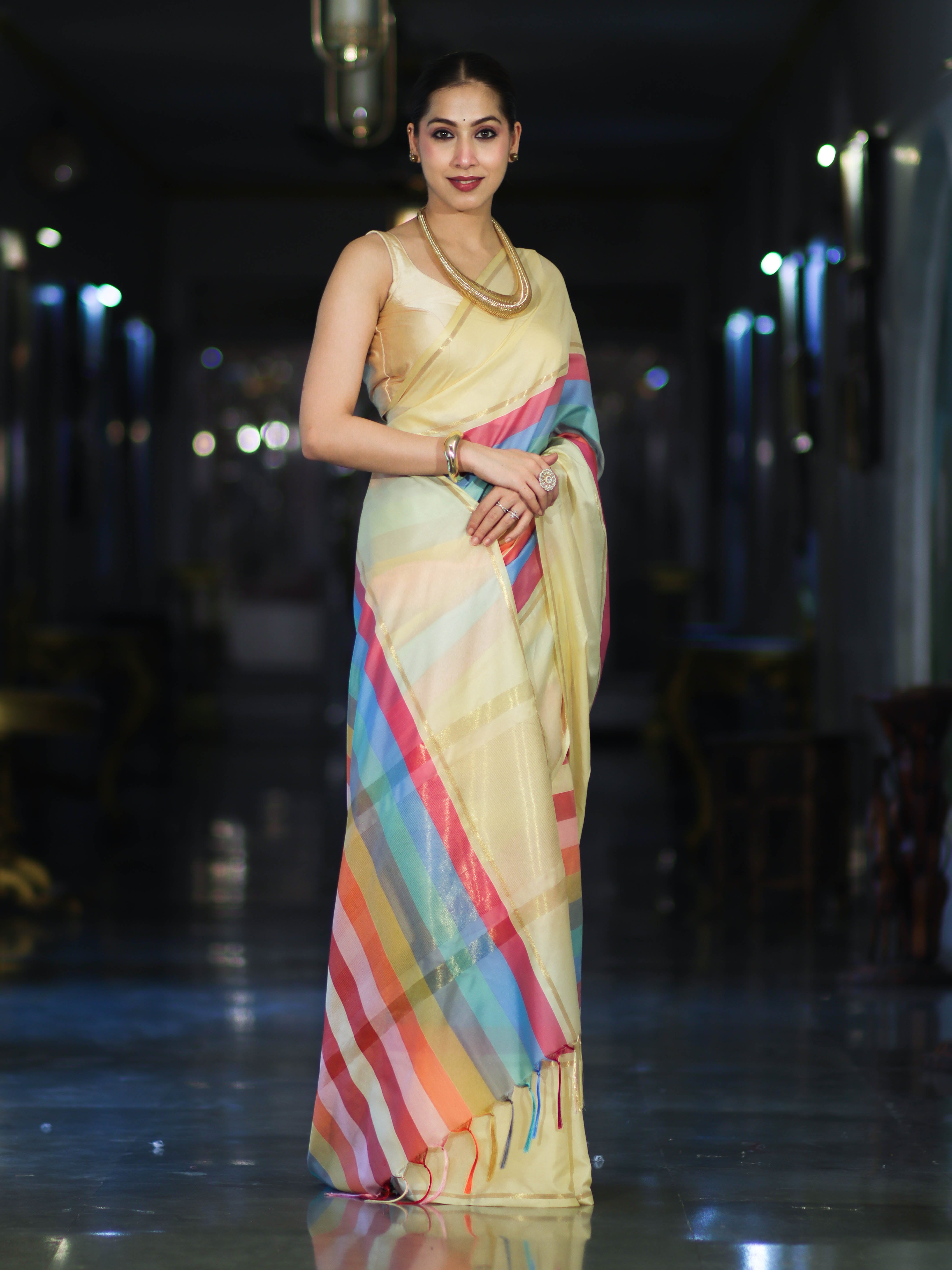 Banarasee Handloom Semi Silk Saree With Stripes Design-Multicolor