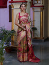 Banarasee Handwoven Tissue Saree With Resham Work & Contrast Border-Olive Green & Pink