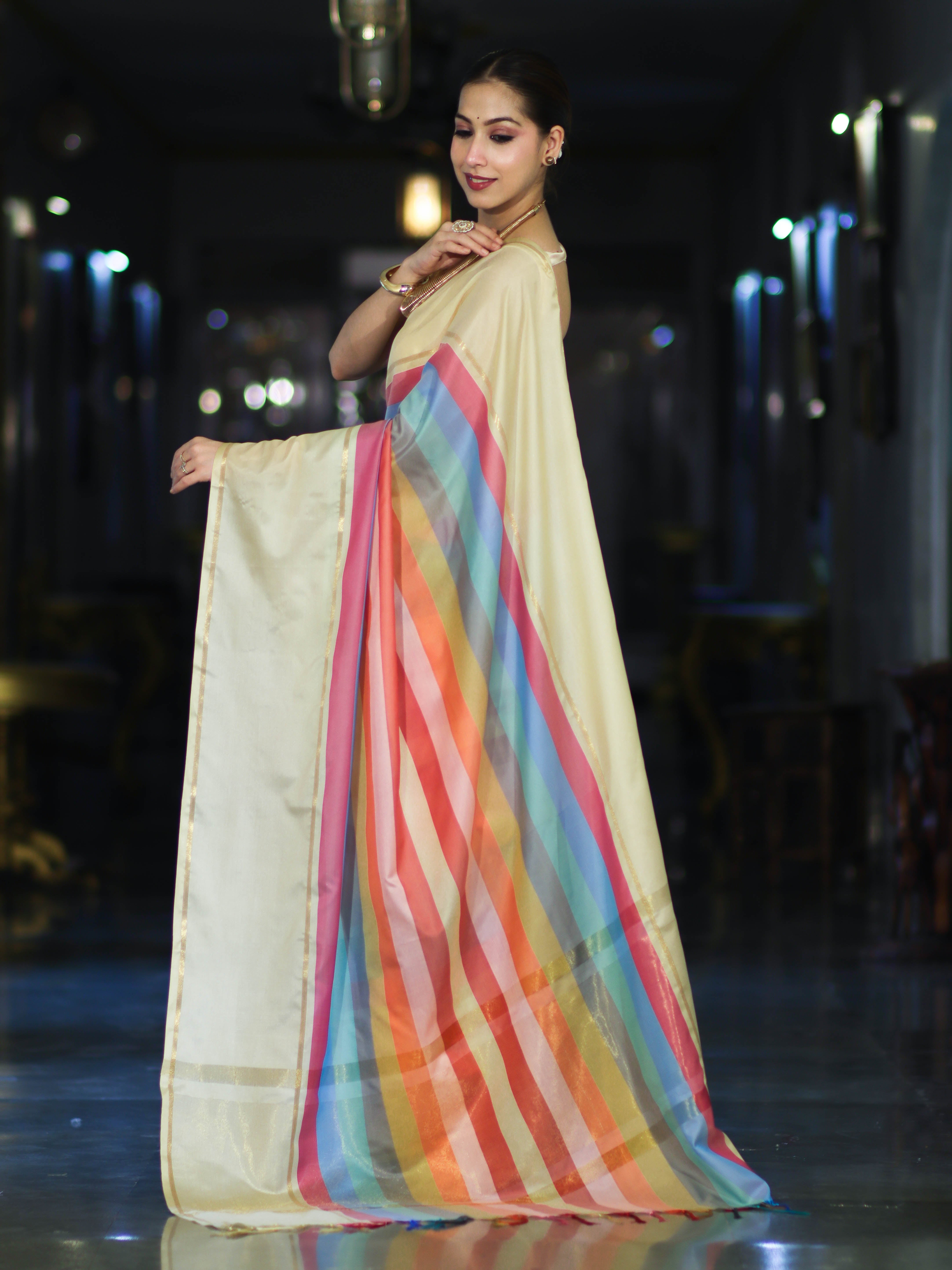 Banarasee Handloom Semi Silk Saree With Stripes Design-Multicolor