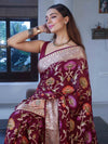 Banarasee Pure Chiffon Saree With Zari Jaal Design & Floral Border-Magenta