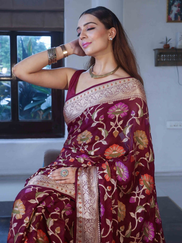 Banarasee Pure Chiffon Saree With Zari Jaal Design & Floral Border-Magenta
