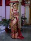 Banarasee Handwoven Tissue Saree With Resham Work & Contrast Border-Olive Green & Pink