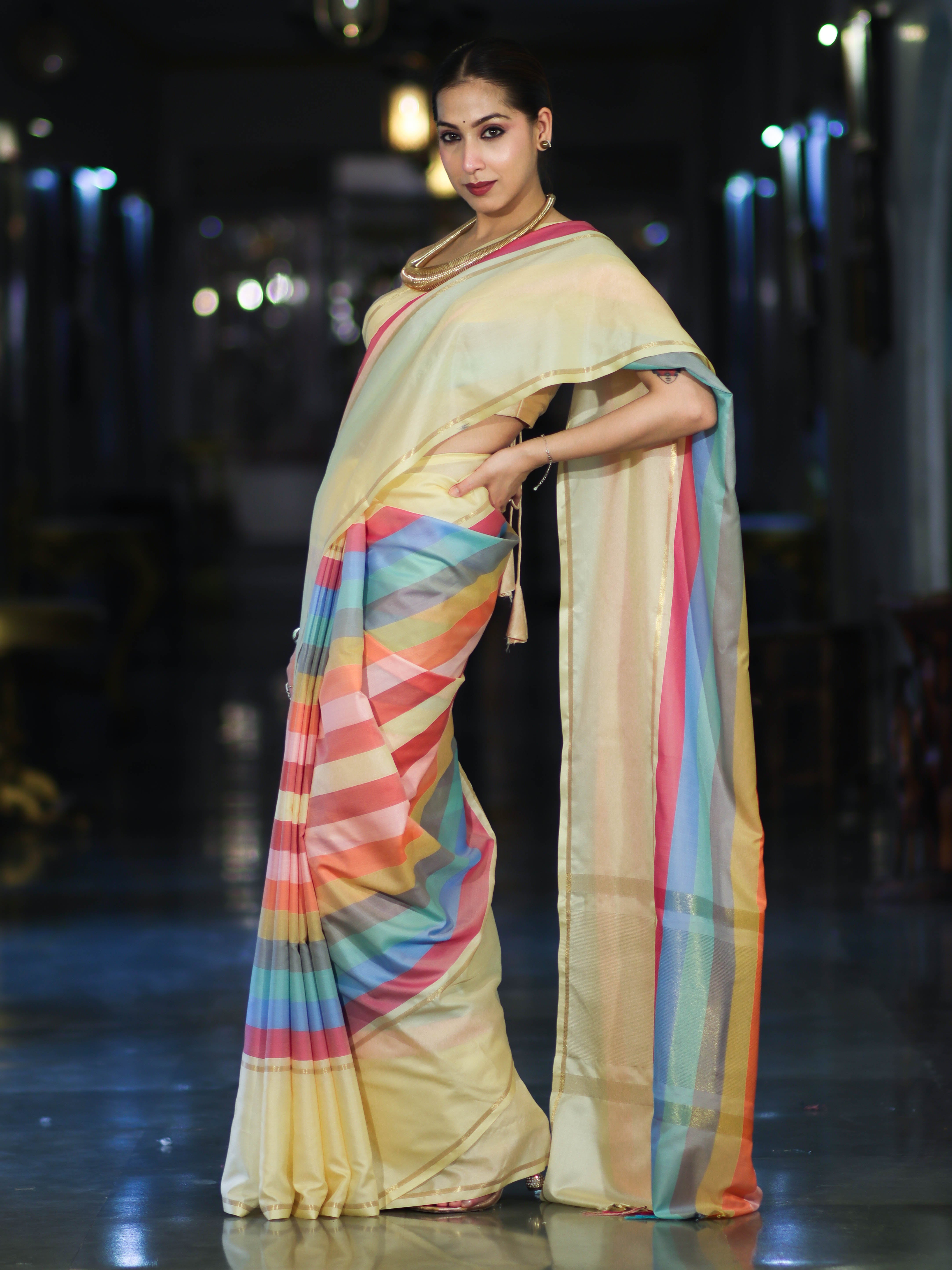 Banarasee Handloom Semi Silk Saree With Stripes Design-Multicolor