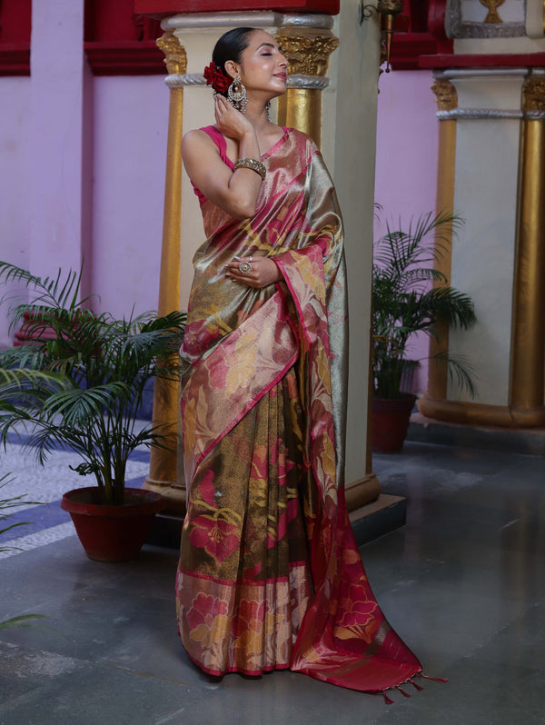 Banarasee Handwoven Tissue Saree With Resham Work & Contrast Border-Olive Green & Pink