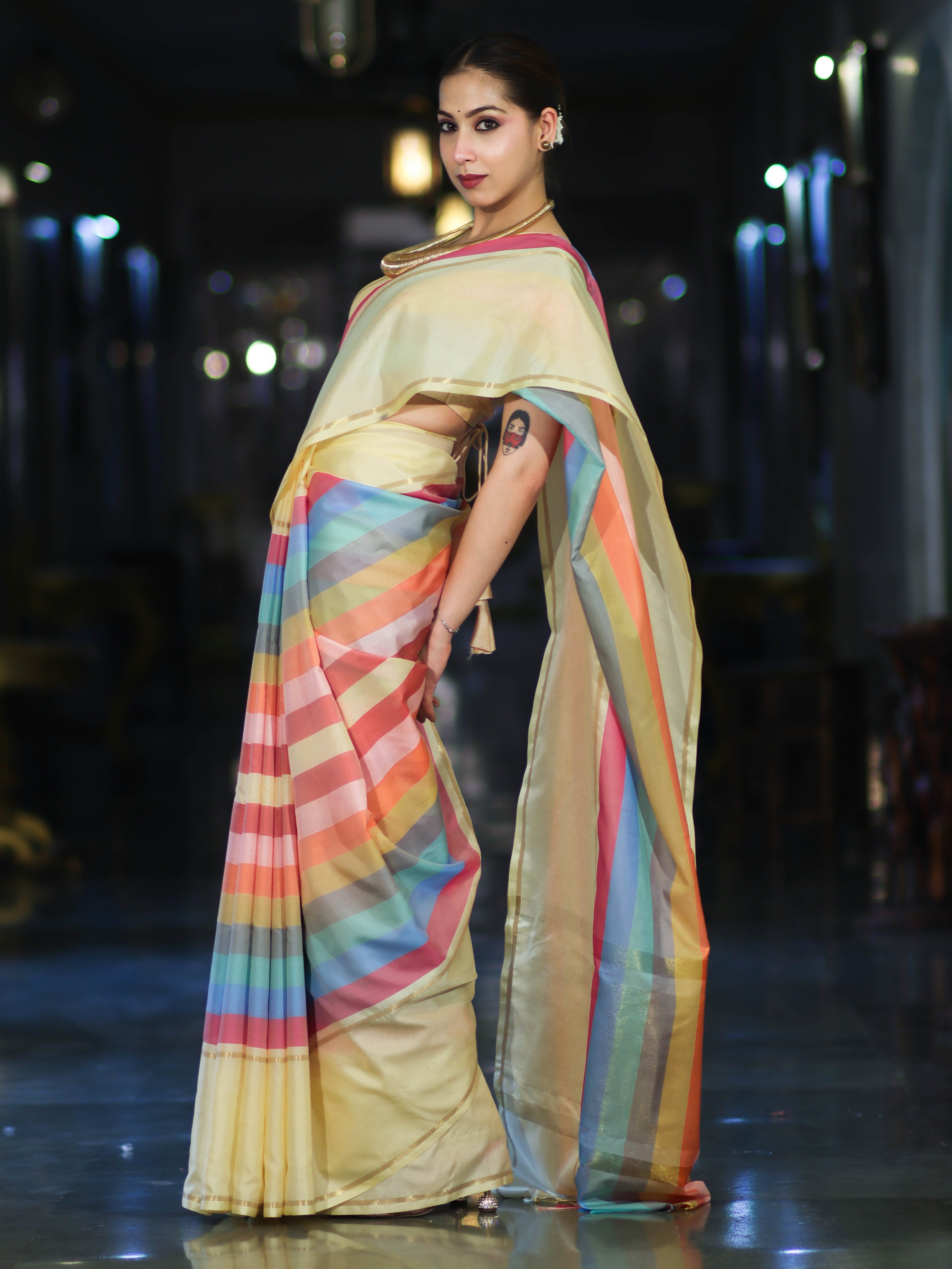Banarasee Handloom Semi Silk Saree With Stripes Design-Multicolor