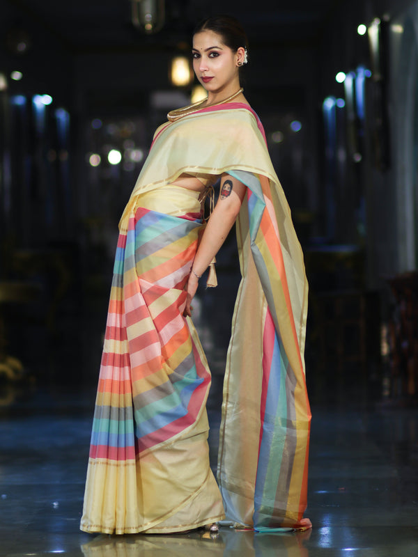 Banarasee Handloom Semi Silk Saree With Stripes Design-Multicolor