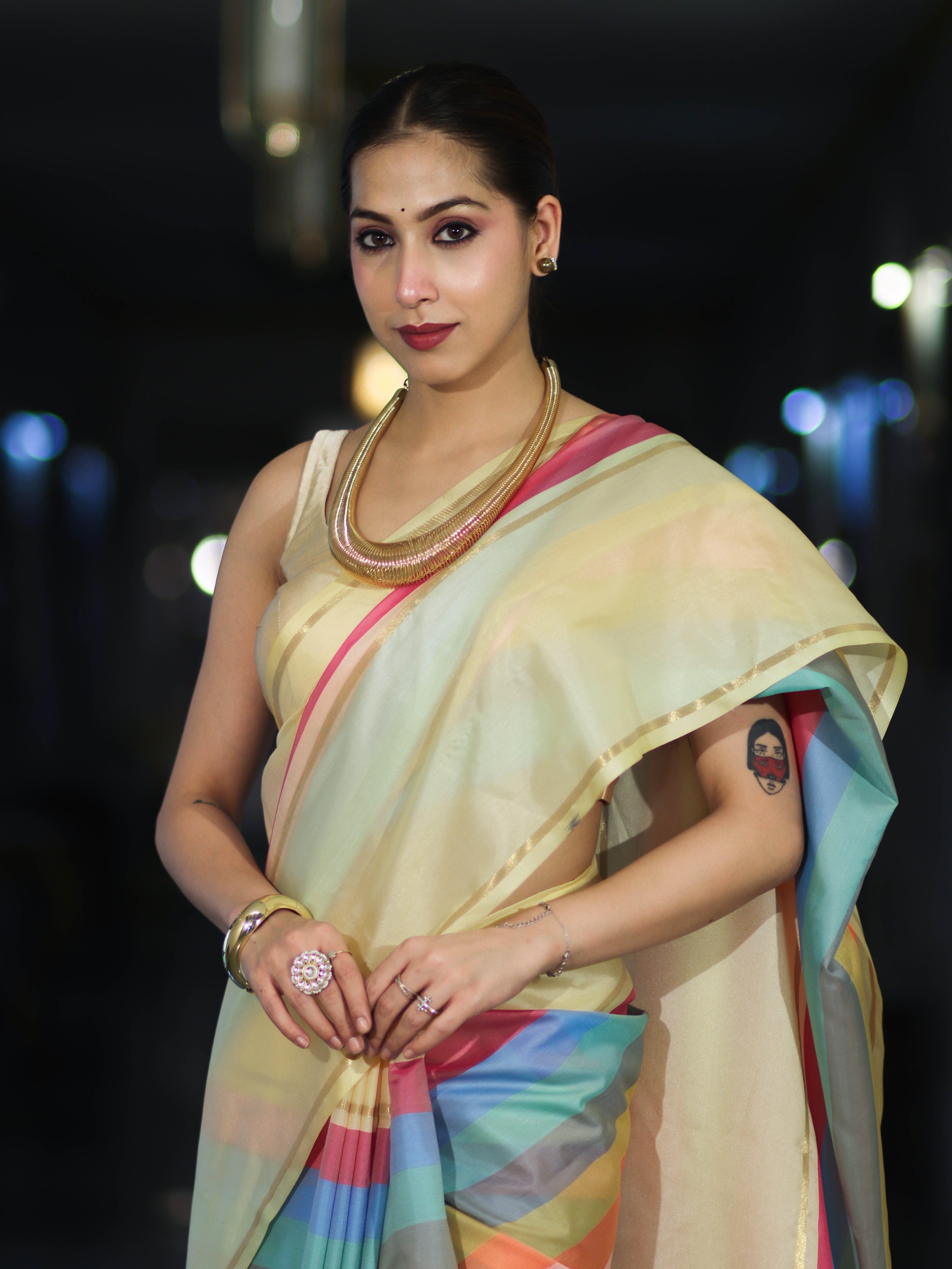 Banarasee Handloom Semi Silk Saree With Stripes Design-Multicolor