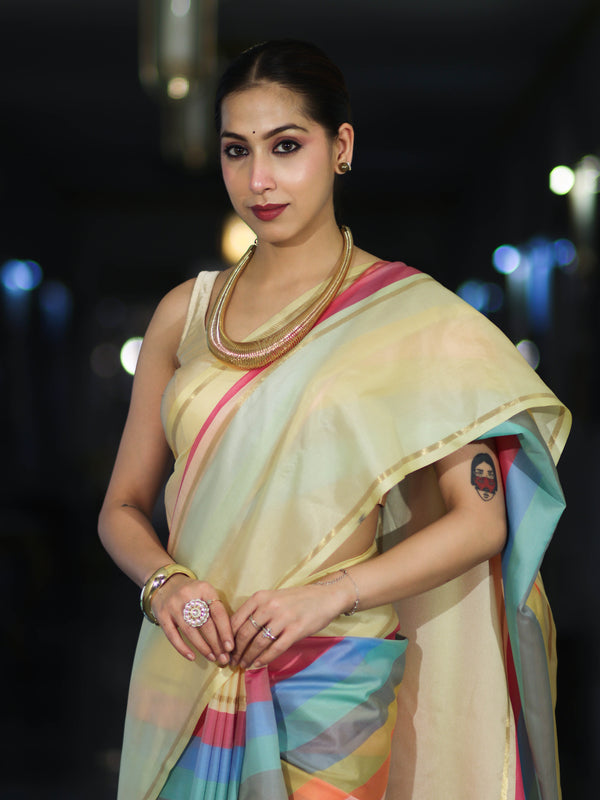 Banarasee Handloom Semi Silk Saree With Stripes Design-Multicolor