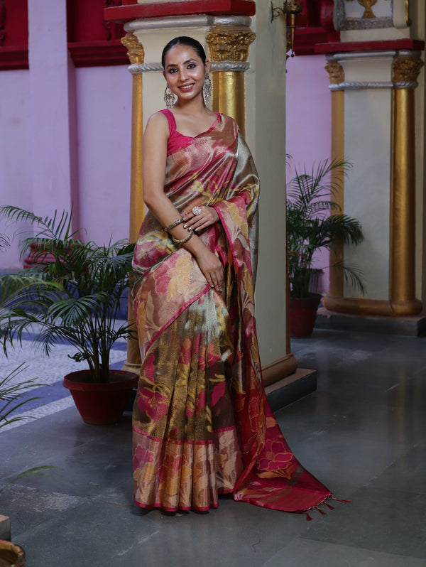 Banarasee Handwoven Tissue Saree With Resham Work & Contrast Border-Olive Green & Pink
