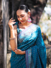 Banarasee Semi Chiffon Saree With Zari Buti Design & Contrast Border-Blue