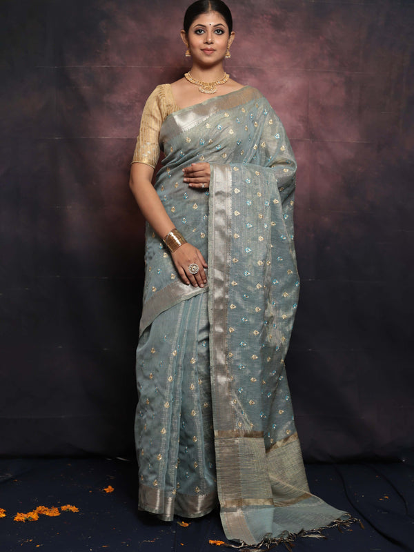 Banarasee Handwoven Zari Border Tissue Saree With Embroidered Floral Buta-Pastel Blue
