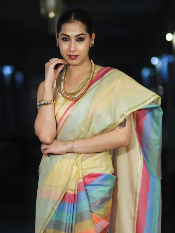 Banarasee Handloom Semi Silk Saree With Stripes Design-Multicolor