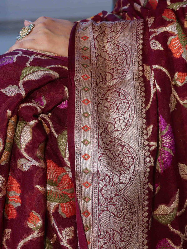 Banarasee Pure Chiffon Saree With Zari Jaal Design & Floral Border-Magenta