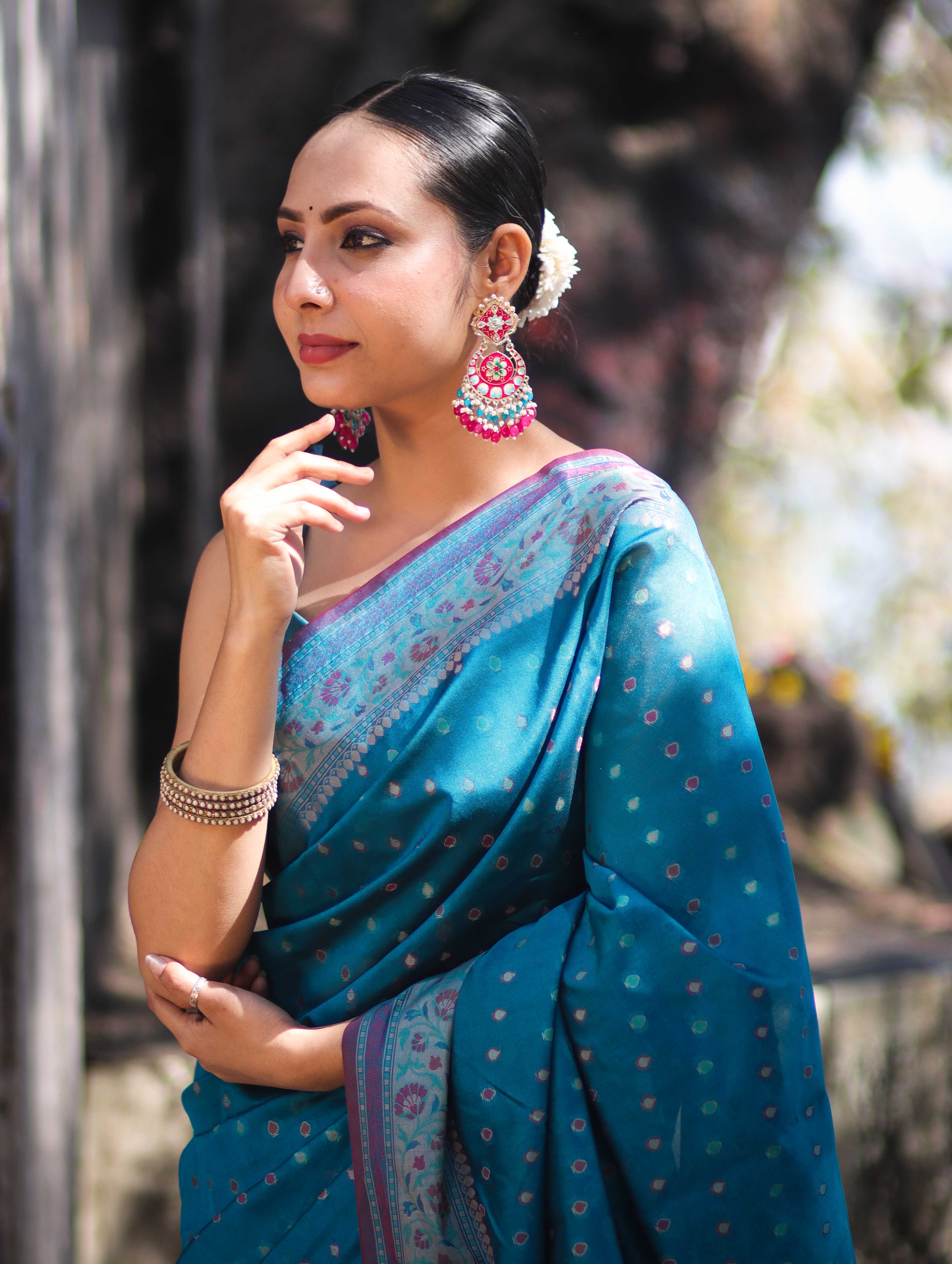 Banarasee Semi Chiffon Saree With Zari Buti Design & Contrast Border-Blue