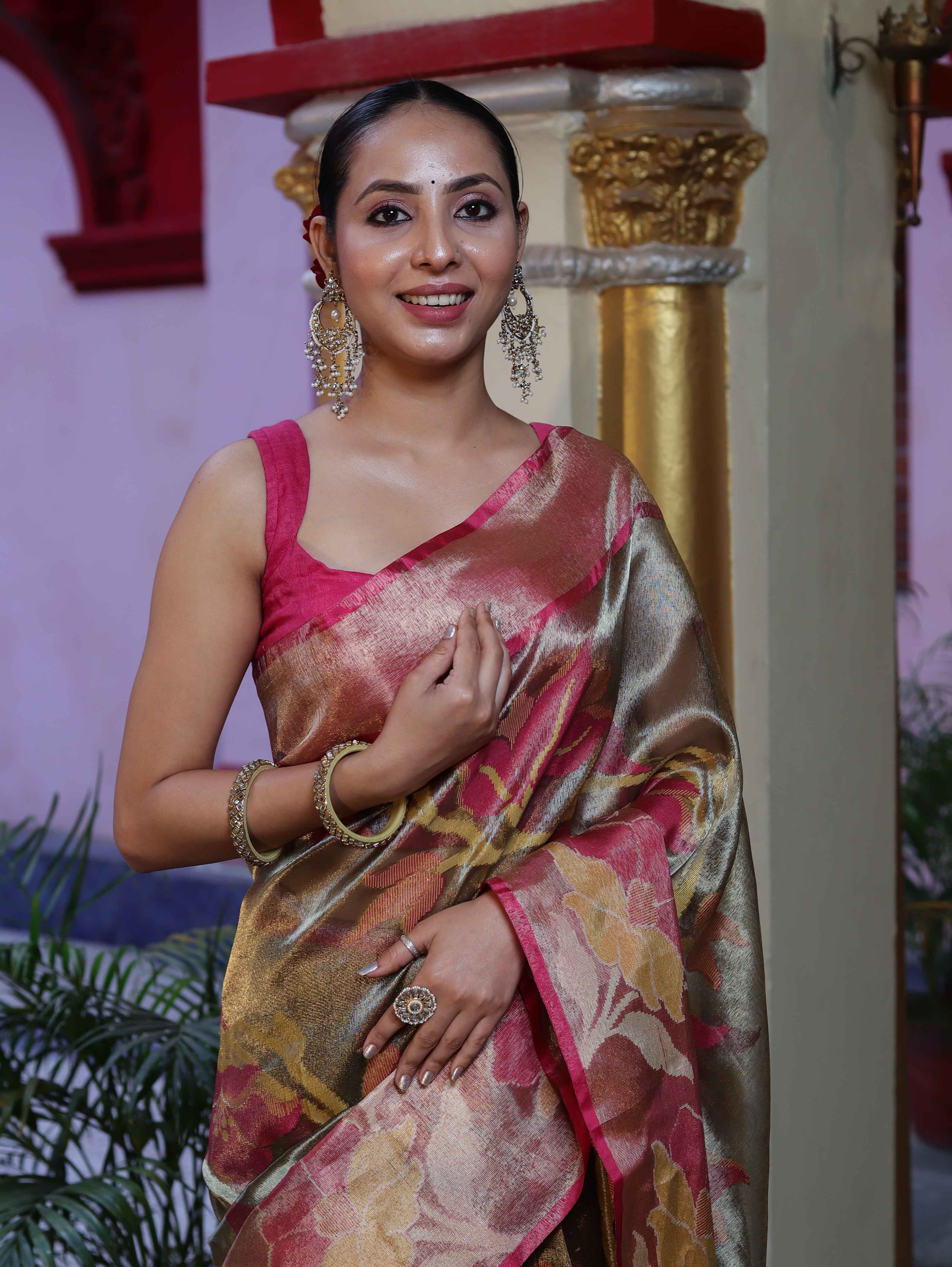 Banarasee Handwoven Tissue Saree With Resham Work & Contrast Border-Olive Green & Pink