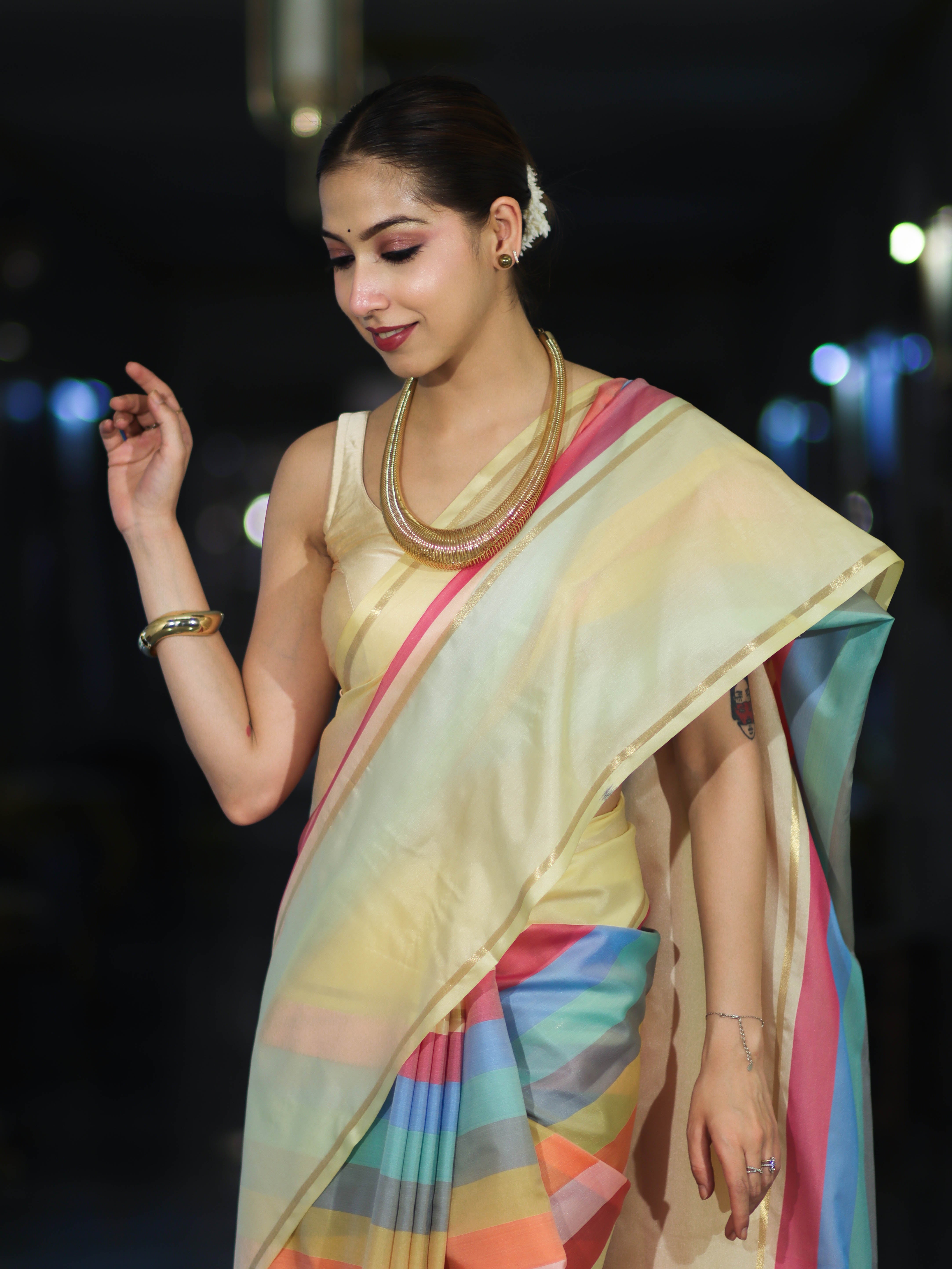 Banarasee Handloom Semi Silk Saree With Stripes Design-Multicolor