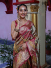 Banarasee Handwoven Tissue Saree With Resham Work & Contrast Border-Olive Green & Pink
