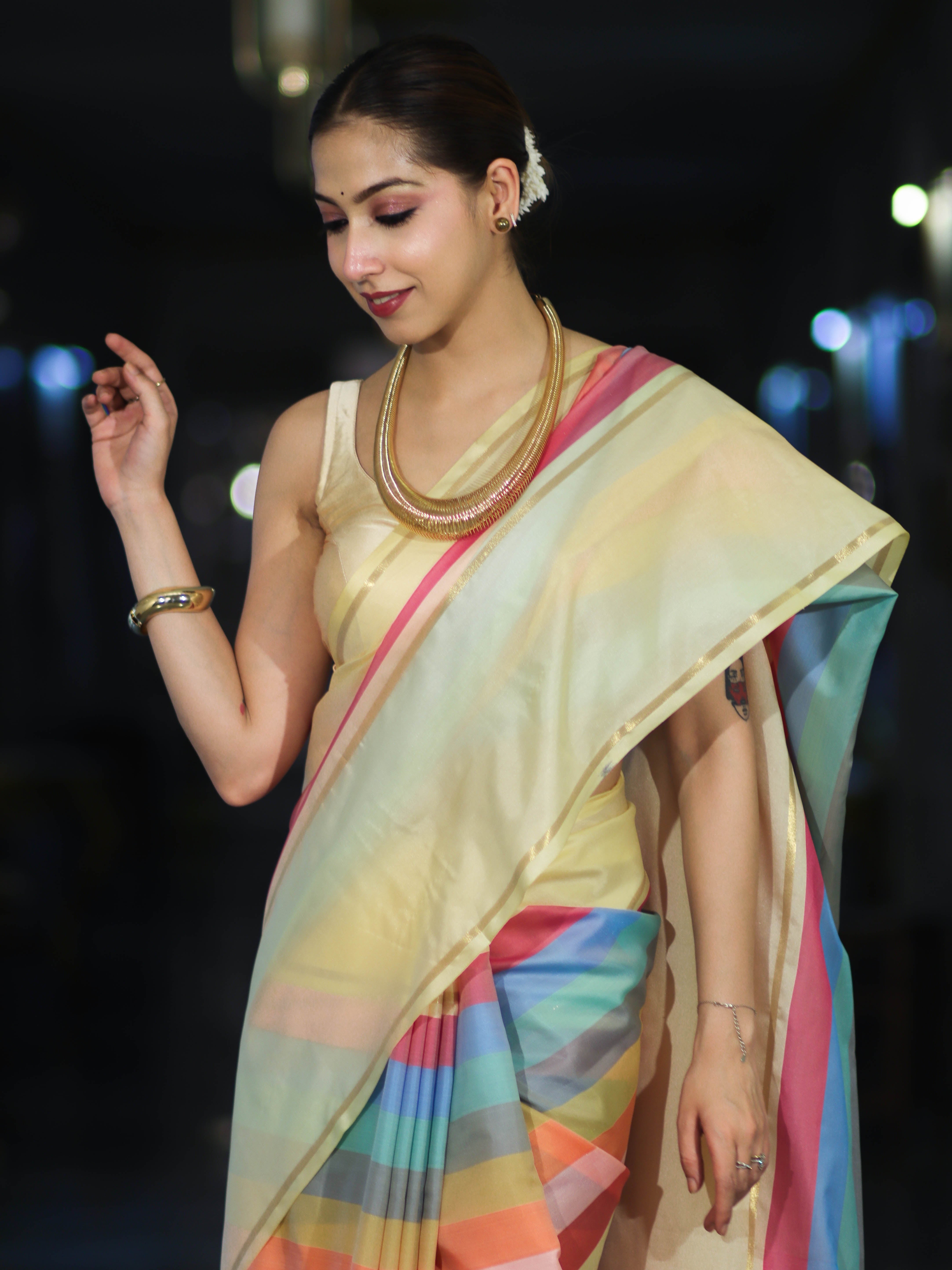 Banarasee Handloom Semi Silk Saree With Stripes Design-Multicolor