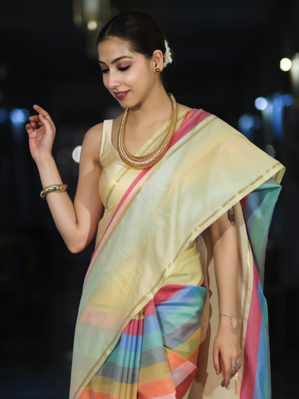 Banarasee Handloom Semi Silk Saree With Stripes Design-Multicolor