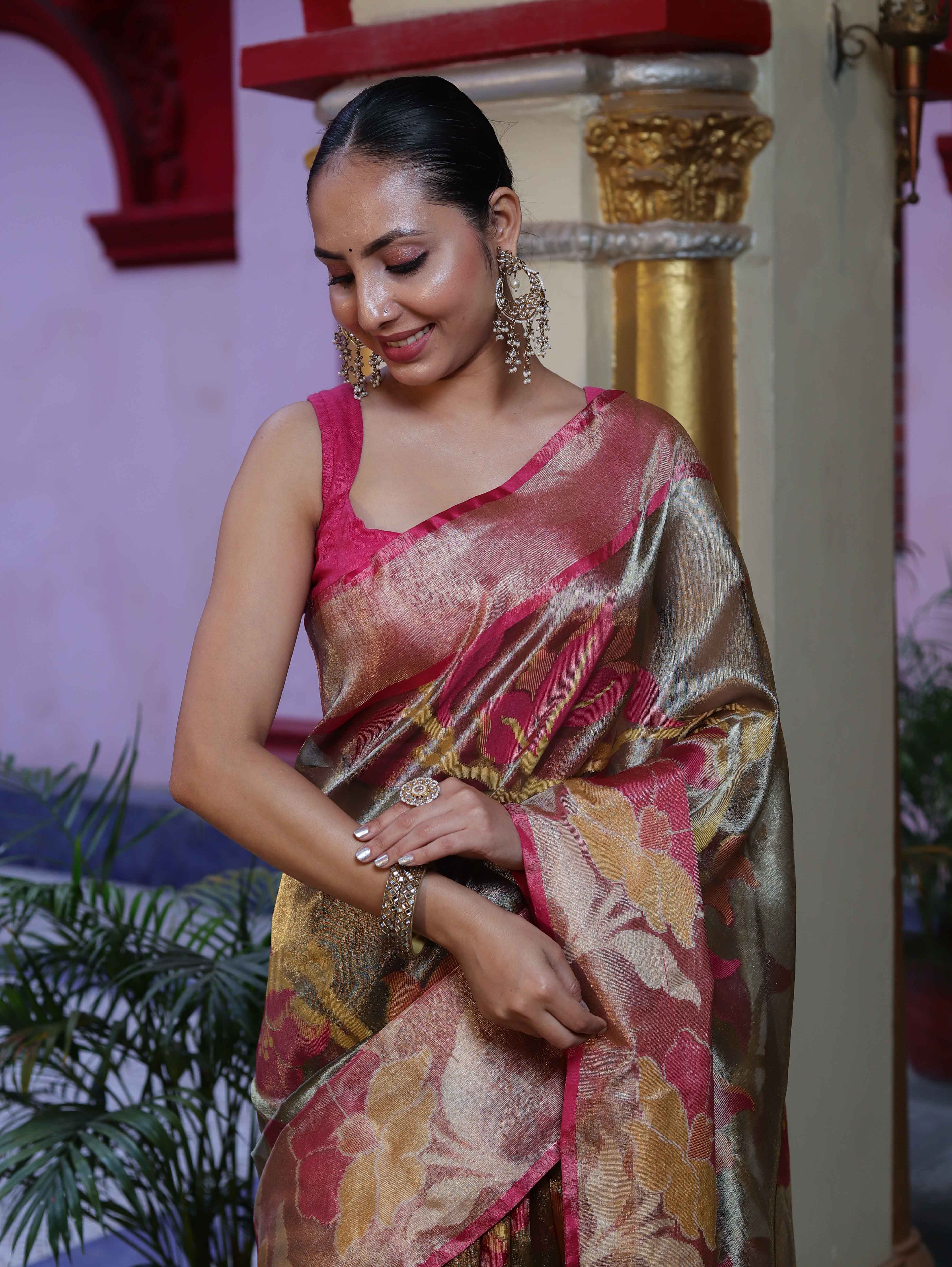 Banarasee Handwoven Tissue Saree With Resham Work & Contrast Border-Olive Green & Pink