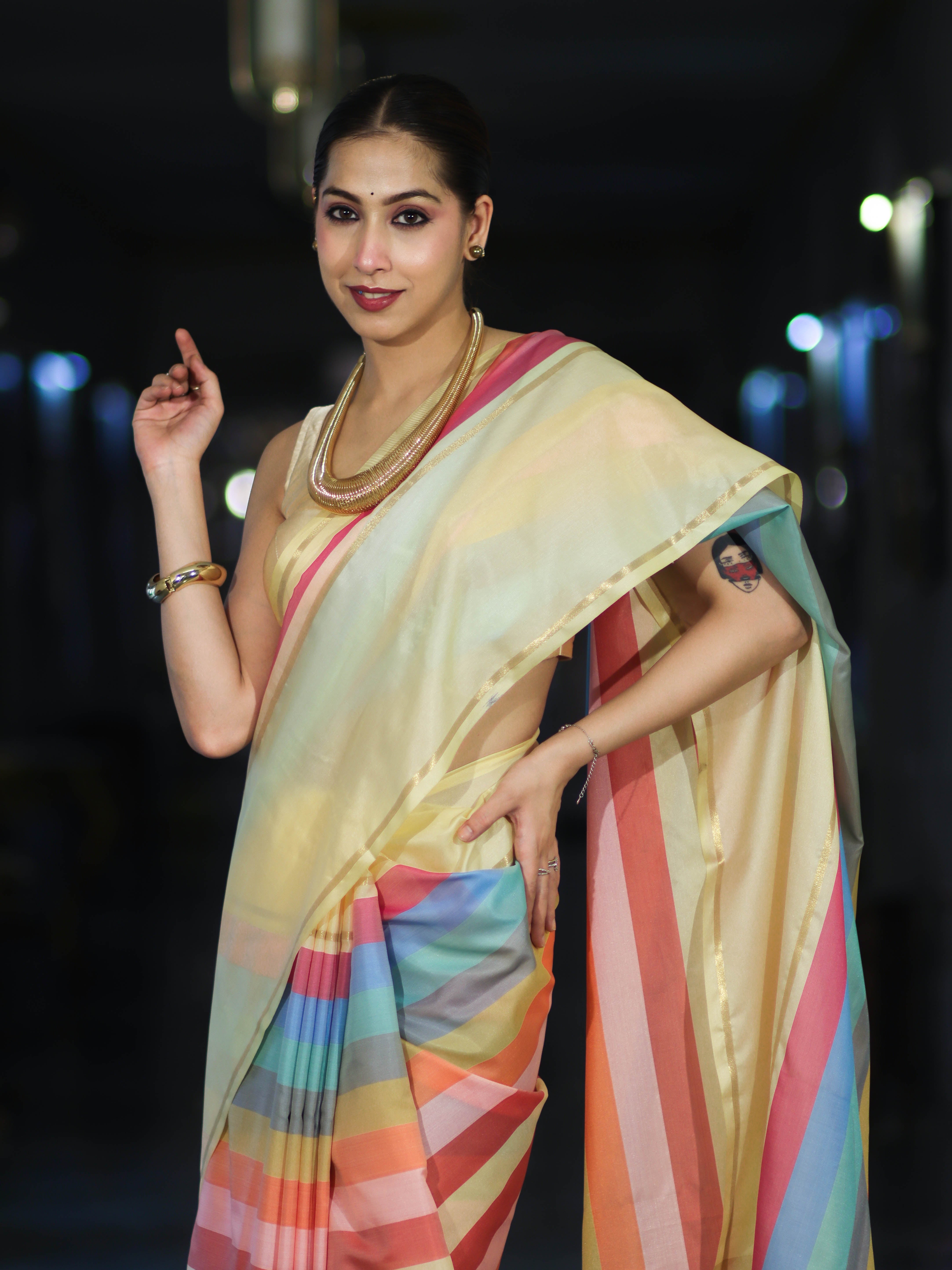 Banarasee Handloom Semi Silk Saree With Stripes Design-Multicolor