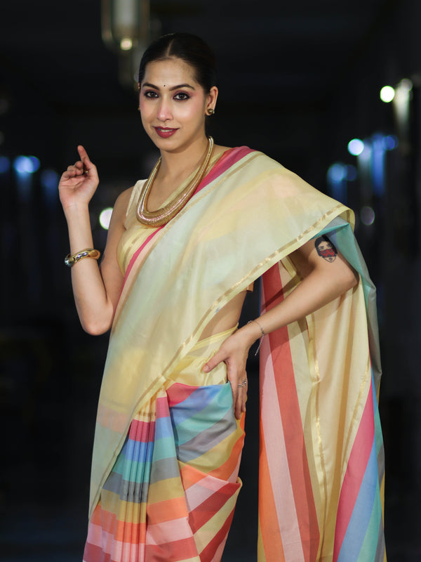 Banarasee Handloom Semi Silk Saree With Stripes Design-Multicolor
