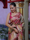 Banarasee Handwoven Tissue Saree With Resham Work & Contrast Border-Olive Green & Pink