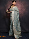 Banarasee Handwoven Zari Border Tissue Saree With Embroidered Floral Buta-Pastel Blue