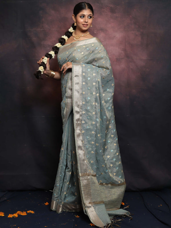 Banarasee Handwoven Zari Border Tissue Saree With Embroidered Floral Buta-Pastel Blue