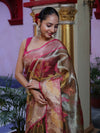 Banarasee Handwoven Tissue Saree With Resham Work & Contrast Border-Olive Green & Pink