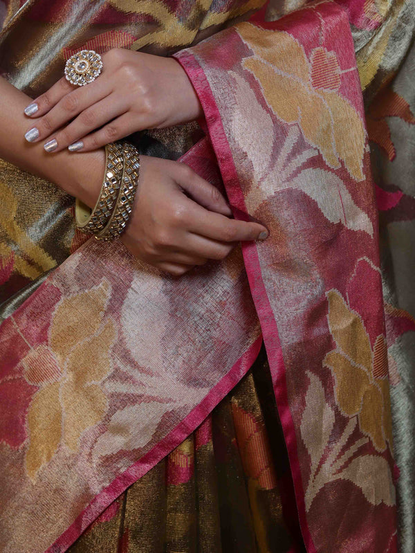 Banarasee Handwoven Tissue Saree With Resham Work & Contrast Border-Olive Green & Pink