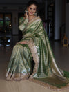 Banarasee Handwoven Tissue Saree With Zari Buti Design & Lace-Olive Green