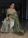 Banarasee Handwoven Tissue Saree With Zari Buti Design & Lace-Olive Green