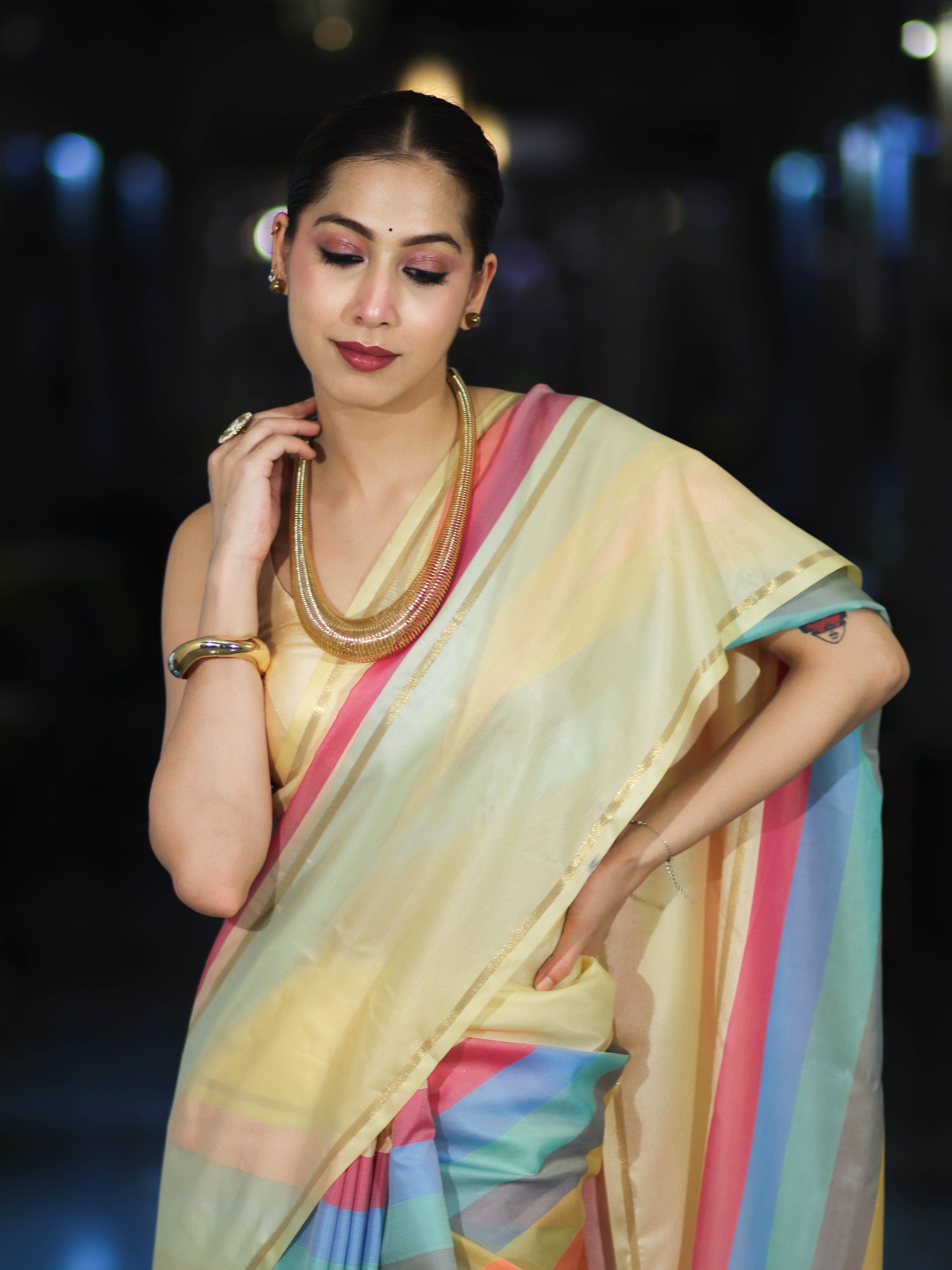 Banarasee Handloom Semi Silk Saree With Stripes Design-Multicolor