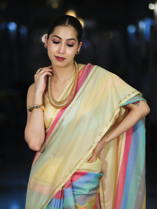 Banarasee Handloom Semi Silk Saree With Stripes Design-Multicolor
