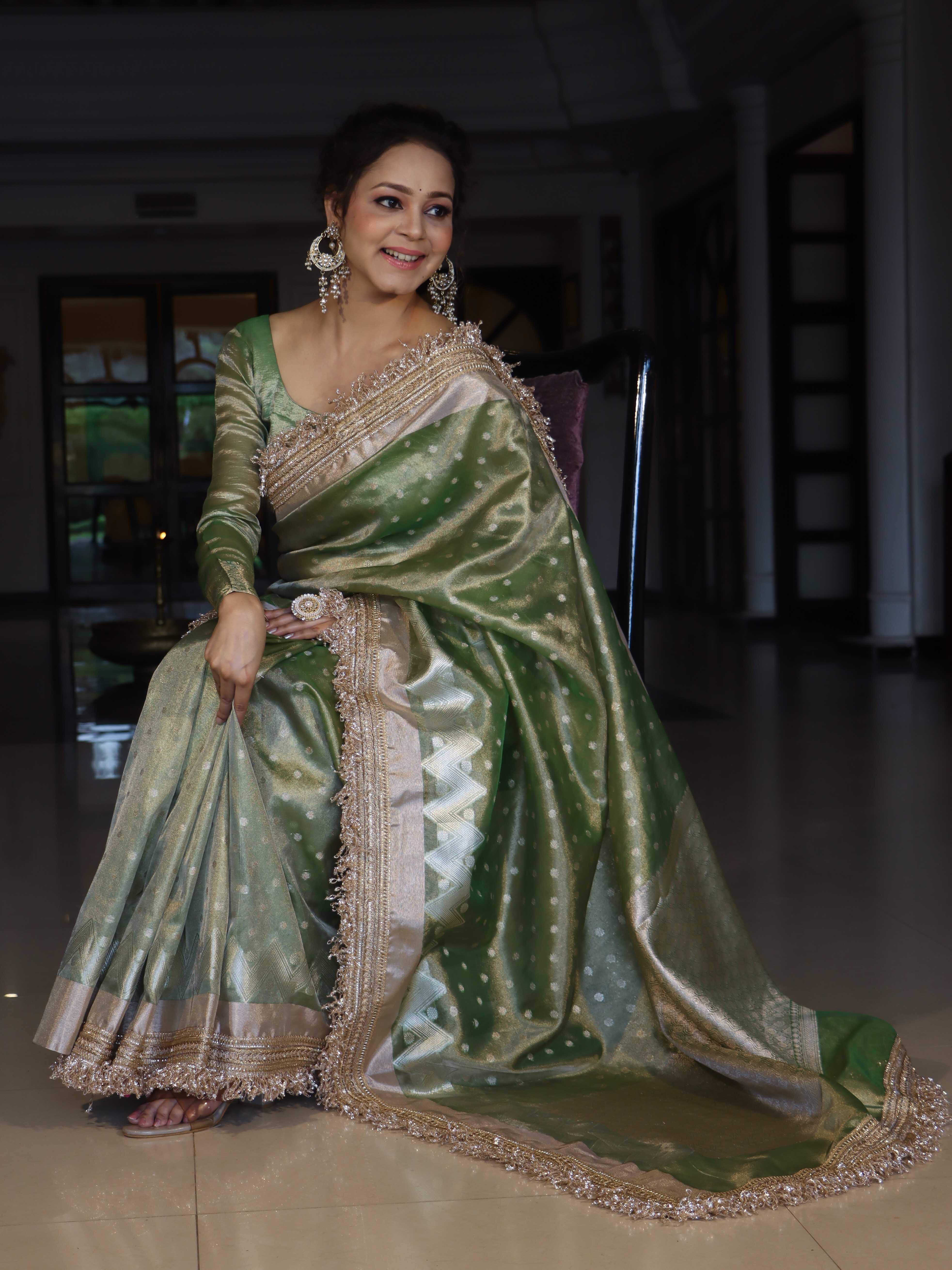 Banarasee Handwoven Tissue Saree With Zari Buti Design & Lace-Olive Green