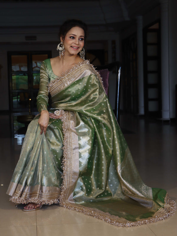 Banarasee Handwoven Tissue Saree With Zari Buti Design & Lace-Olive Green