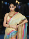 Banarasee Handloom Semi Silk Saree With Stripes Design-Multicolor