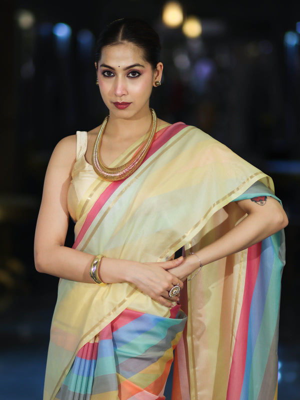 Banarasee Handloom Semi Silk Saree With Stripes Design-Multicolor