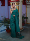 Banarasee Handloom Semi Silk Saree With Gold Zari Stripes-Teal Green