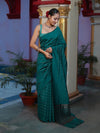 Banarasee Handloom Semi Silk Saree With Gold Zari Stripes-Teal Green