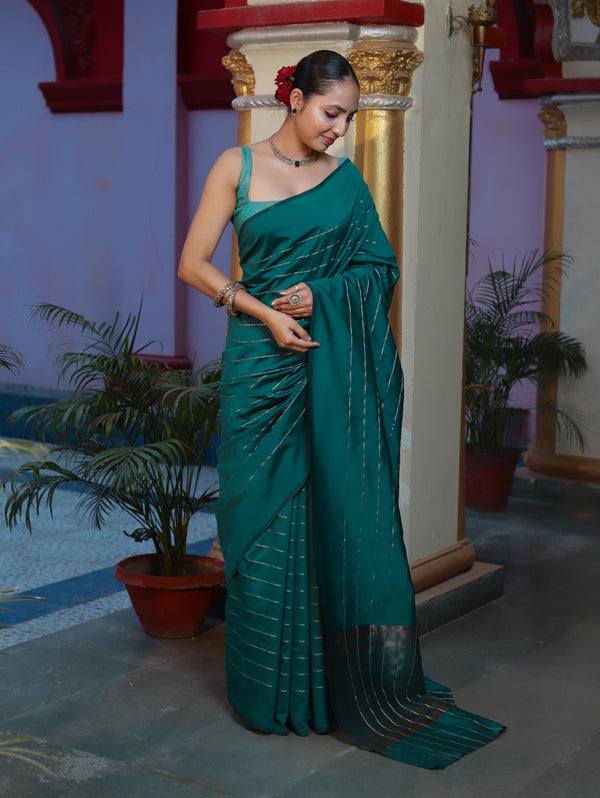 Banarasee Handloom Semi Silk Saree With Gold Zari Stripes-Teal Green